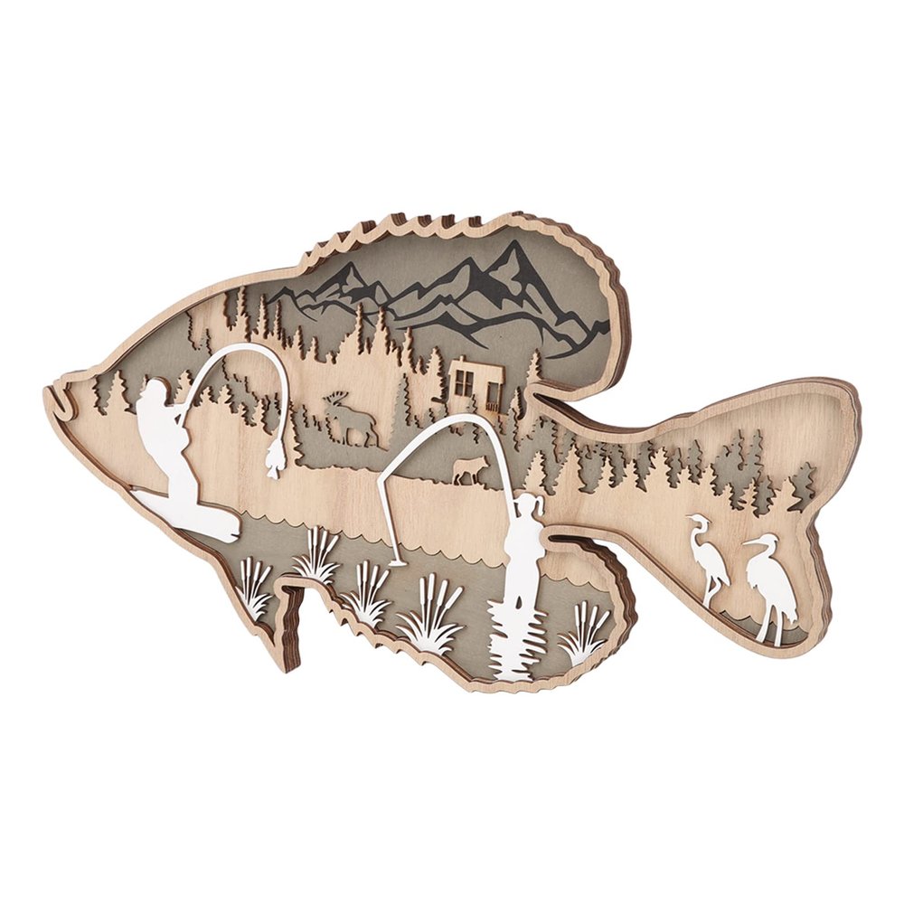 flexman Wooden Hollowed Fish Striped, Coastal Home Decor Multilayer Wooden Hollowed Fish Figurine Decor Centerpieces for Home Cafe Bar Living Room Office (Bass)