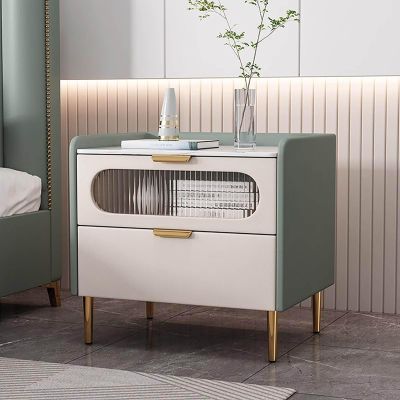 BK&MF Modern Minimalist Leather Nightstand,Simple Solid Wood Bedside Table Glass Cabinet End Side Table for Bedroom Nursery,B,50x40x40cm(20x16x16inch)
