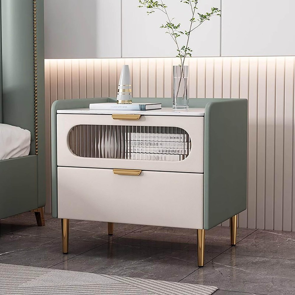 BK&MF Modern Minimalist Leather Nightstand,Simple Solid Wood Bedside Table Glass Cabinet End Side Table for Bedroom Nursery,B,50x40x40cm(20x16x16inch)