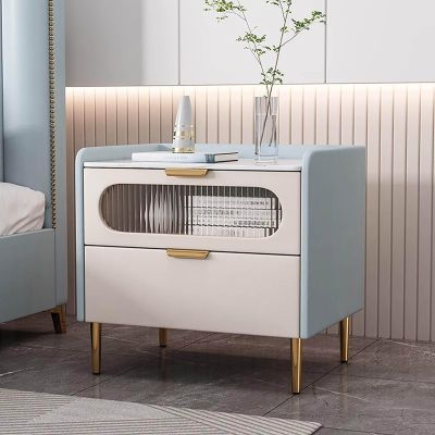 BK&MF Modern Minimalist Leather Nightstand,Simple Solid Wood Bedside Table Glass Cabinet End Side Table for Bedroom Nursery,D,45x40x40cm(18x16x16inch)