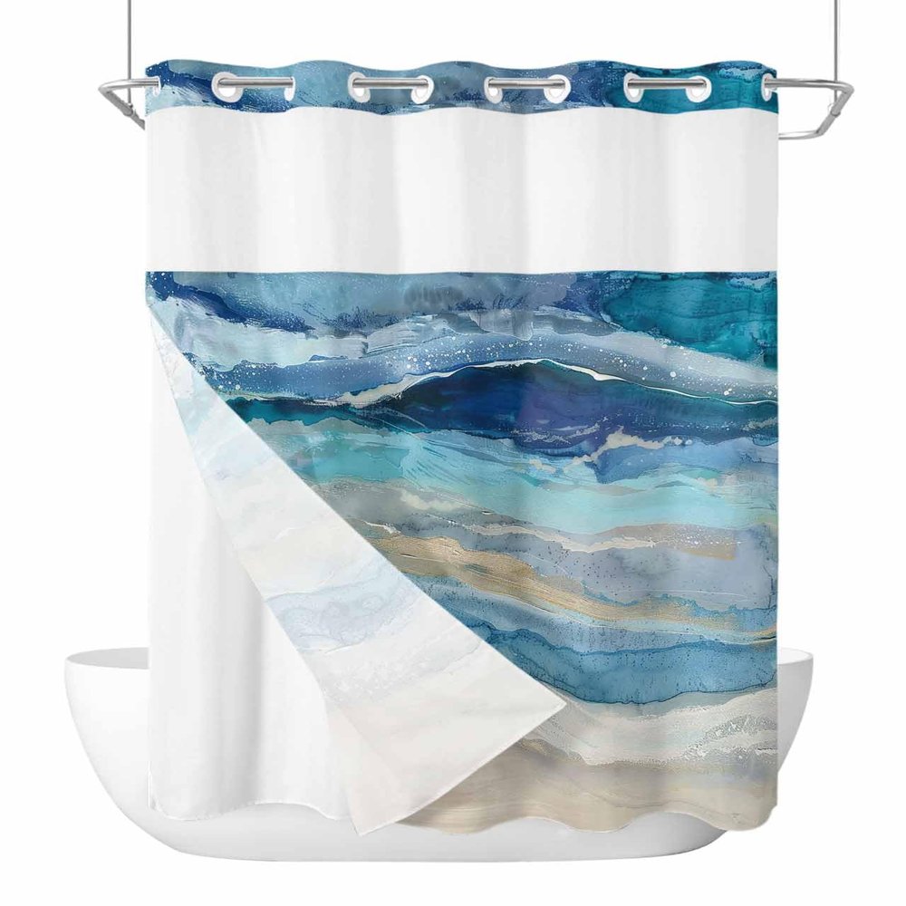 Abstract Blue No Hooks Shower Curtain and Liner Set,Hotel Style Fabric Bathroom Shower Curtains Modern Gradient Waves Summer Watercolor Waterproof Polyester See Through Bath Bathtub Curtain,60"x72"