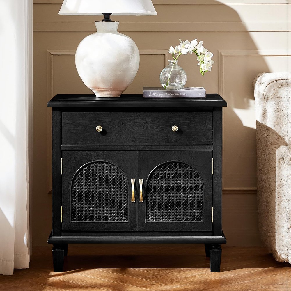 HULALA HOME Nightstand with Doors and Drawer, Traditional Side Table with Solid Wood Legs, Adjustable Shelf, Charging Station, Black