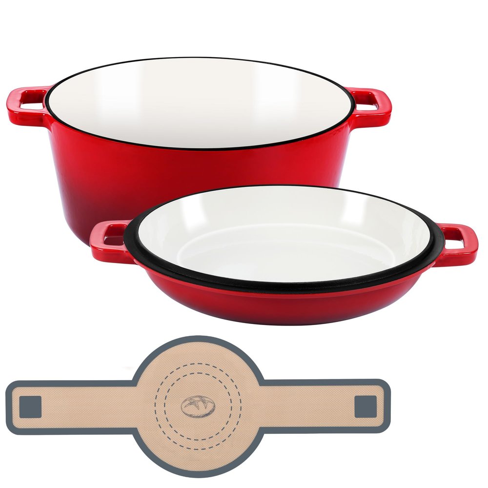 E-far 5 Quart Enameled Cast Iron Dutch Oven, 2 in 1 Dutch Oven Pot with Skillet Lid and Silicone Bread Sling, Ideal for Bread Baking, Cooking, Stewing, Frying, Induction & Oven Safe - Red