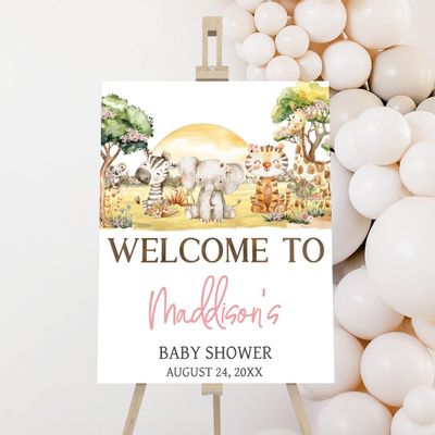 HAKIDU Baby Girl Safari Baby Shower Welcome Sign, Baby Shower Signs, Welcome Sign for Baby Shower, Welcome to Baby Shower Sign, Welcome Baby Shower Sign with Stand, Personalized Baby Shower Signs