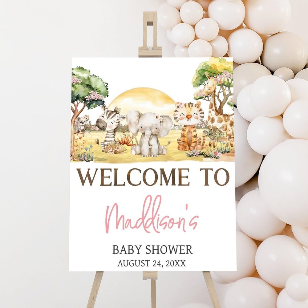 HAKIDU Baby Girl Safari Baby Shower Welcome Sign, Baby Shower Signs, Welcome Sign for Baby Shower, Welcome to Baby Shower Sign, Welcome Baby Shower Sign with Stand, Personalized Baby Shower Signs