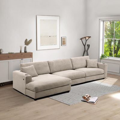 134 * 54" Oversized Corduroy Sectional Sofa,L Shaped Cloud Couch with USB Charging Port,Cup Holder,Deep Seat Sofa Bed with 50" Chaise,Comfy Indoor Furniture for Living Room,Khaki