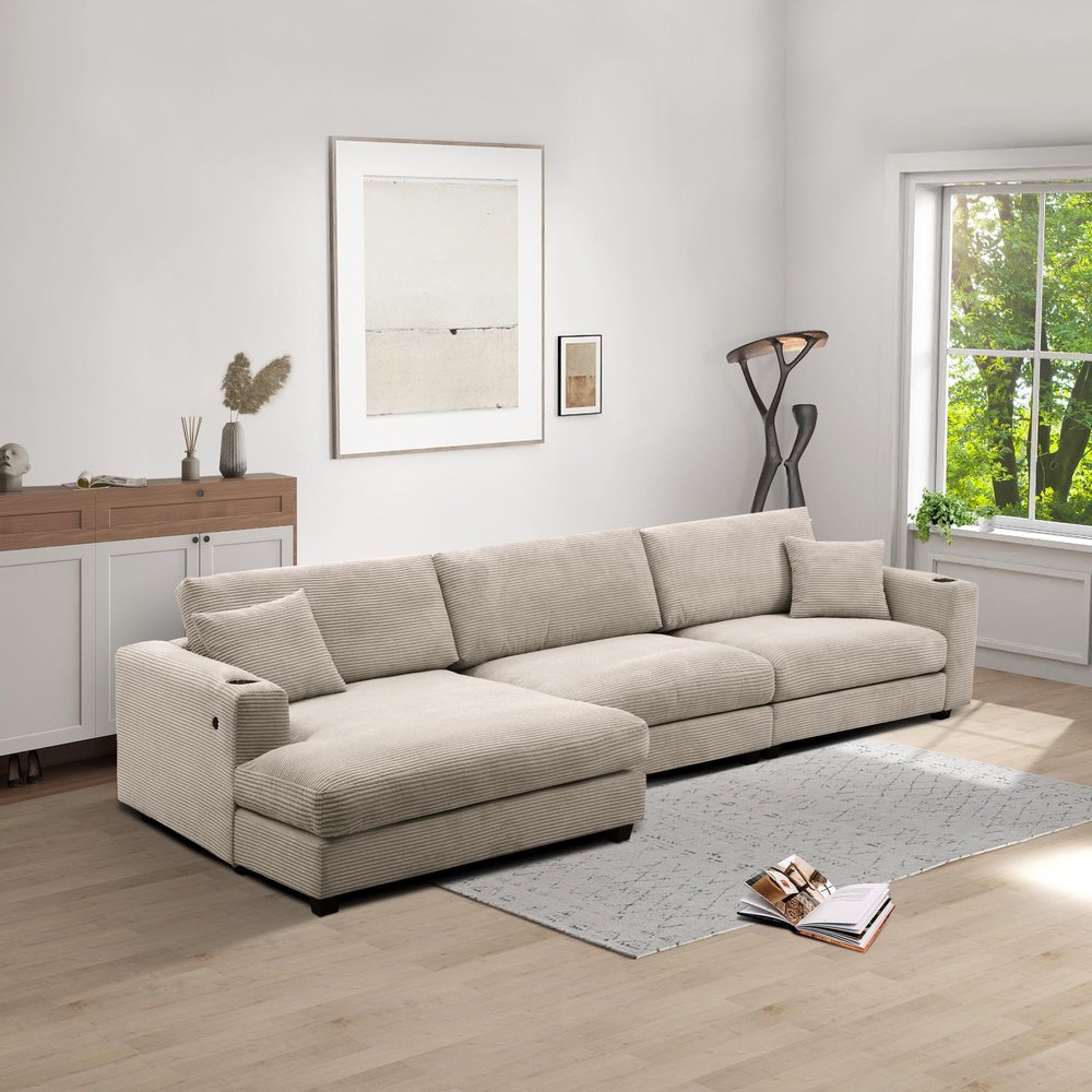 134 * 54" Oversized Corduroy Sectional Sofa,L Shaped Cloud Couch with USB Charging Port,Cup Holder,Deep Seat Sofa Bed with 50" Chaise,Comfy Indoor Furniture for Living Room,Khaki
