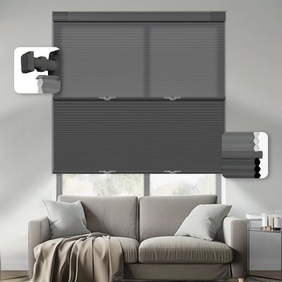 HOTSOON No Drill No Tools Day Night Cellular Shades Cordless Top Down Bottom Up Honeycomb Blinds Blackout & Light Filtering 2-in-1 Window Shades for Home, Blackout-Smoky Gray, 61" W x 82" H