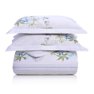 Superior Embroidered Cotton Duvet Cover Set, Soft Bedding Covers, 1 Duvet Cover with Button Closure, 2 Pillow Shams, Two-Line Design, Spring Blooms Collection, Full/Queen, White-Taupe