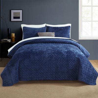 Liians Velvet Bedspread Quilt Bedding Sets,Luxury Elegant Ultra Soft Velvet Comforters Coverlet Blankets,Weave Stitching Pattern Cotton Quilted Bedspread for All Seasons,Navy Blue,King Size