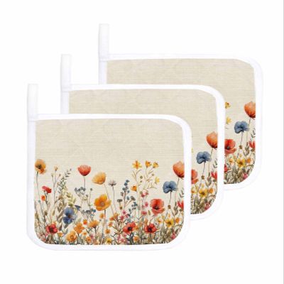 3 Pack Pot holder for Kitchen,Watercolor Garden Blossom Floral Heat-proof Potholder with Hanging Loop Hot Pad Pot Holders for Cooking Baking BBQ,Natural Flower Leaves on Linen