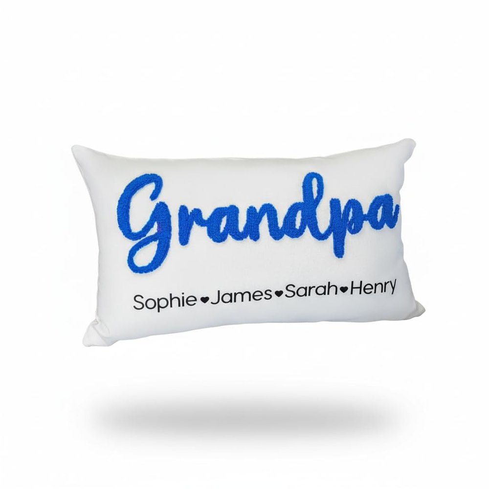 Customize Grandpa Throw Pillow with Kids Names  Handcrafted Punch Embroidery & UV Print  Personalized Gift for Grandfather, Dad or Papa  Cozy Decorative Cushion for Sofa, Chair, Recliner or Bed