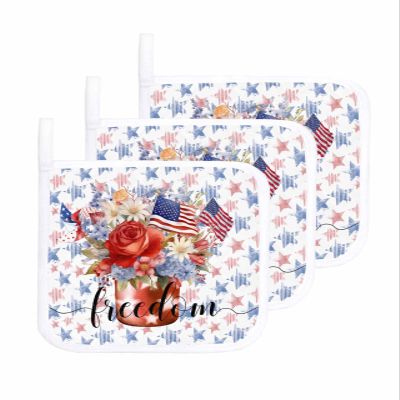 3 Pack Pot holder for Kitchen,4th of July Blossom Flower USA Flag Heat-proof Potholder with Hanging Loop Hot Pad Pot Holders for Cooking Baking BBQ,Red Blue Patriotic Star on White