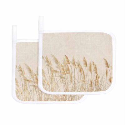 2 Pack Pot holder for Kitchen,Retro Fall Reed Plant on Linen Flax Heat-proof Potholder with Hanging Loop Hot Pad Pot Holders for Cooking Baking BBQ,Minimalist Bulrush Sketch Art