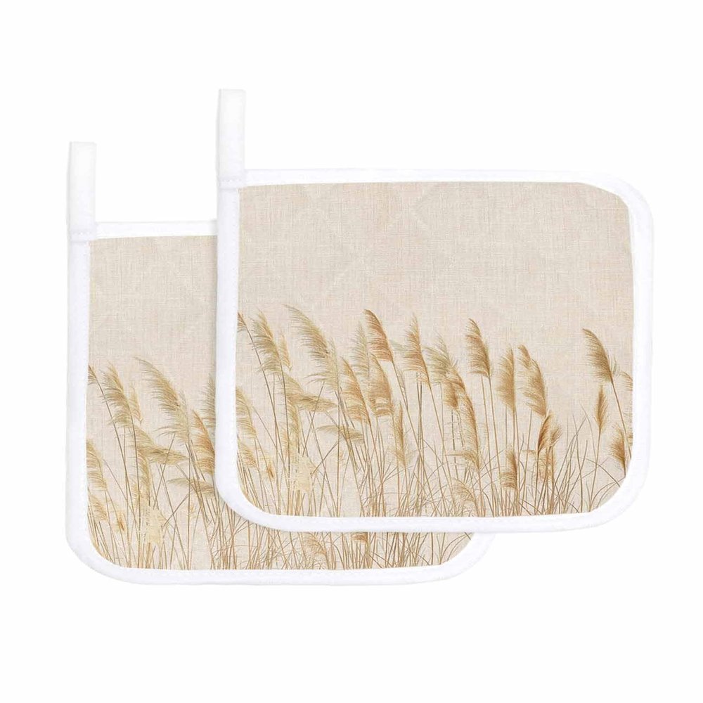 2 Pack Pot holder for Kitchen,Retro Fall Reed Plant on Linen Flax Heat-proof Potholder with Hanging Loop Hot Pad Pot Holders for Cooking Baking BBQ,Minimalist Bulrush Sketch Art