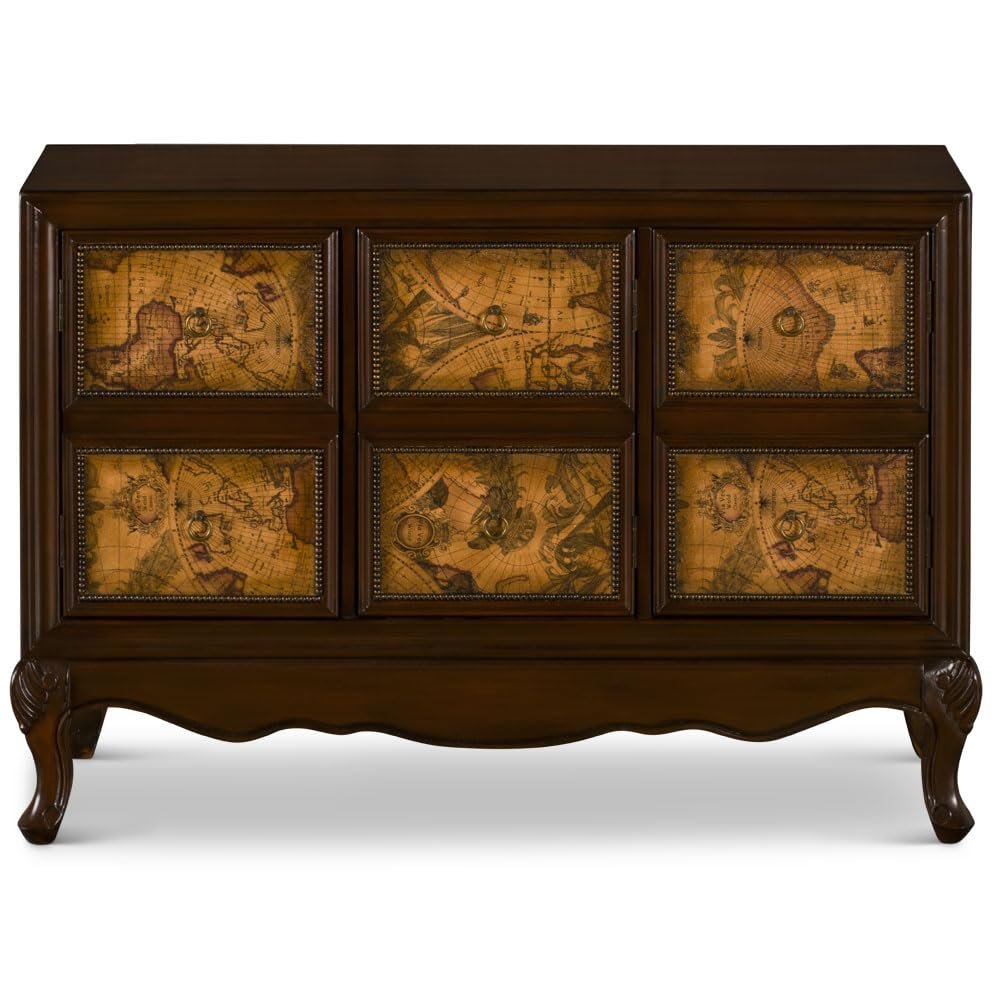 China Furniture and Arts Victorian Queen Anne Style Zen Modern Asian Cabinet with World Map Motif