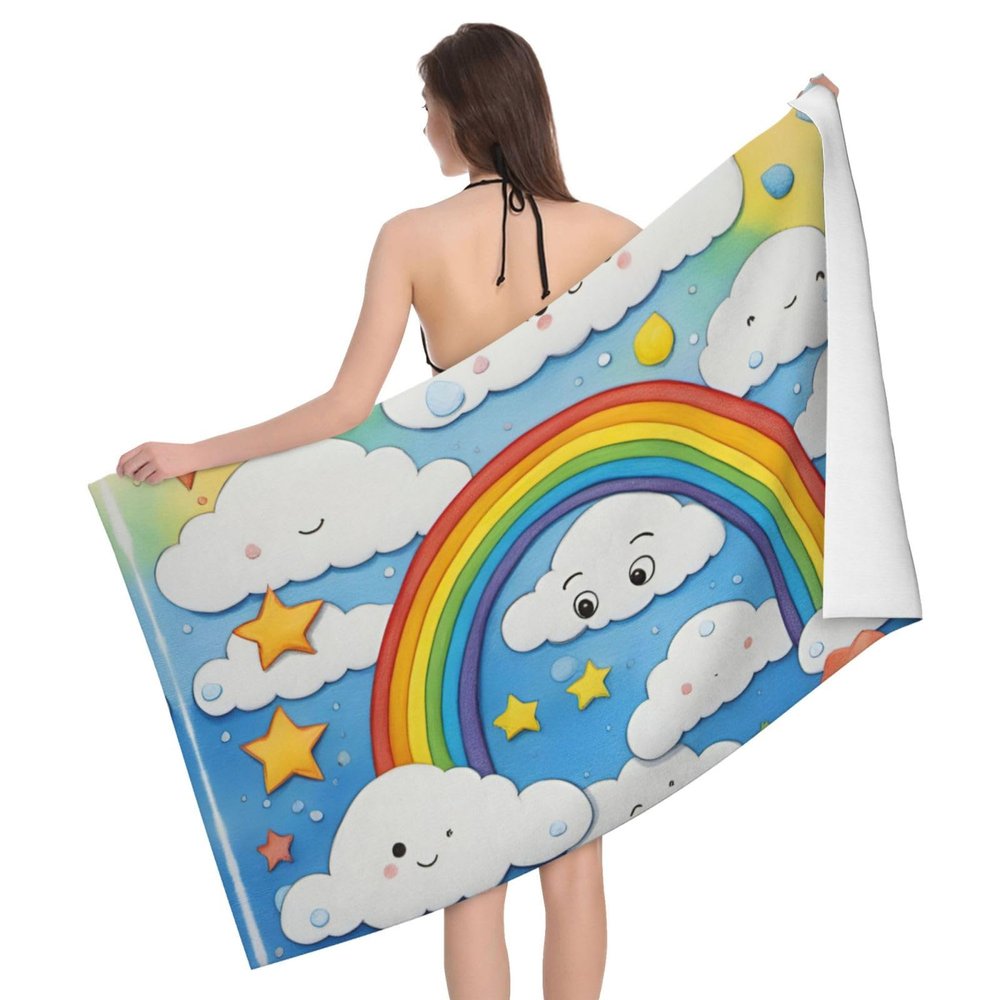 QASNLU Rainbow Clouds Raindrop Print Microfiber Absorbent Bath Towel Beach Bath Towel Sand Free Quick Dry Lightweight