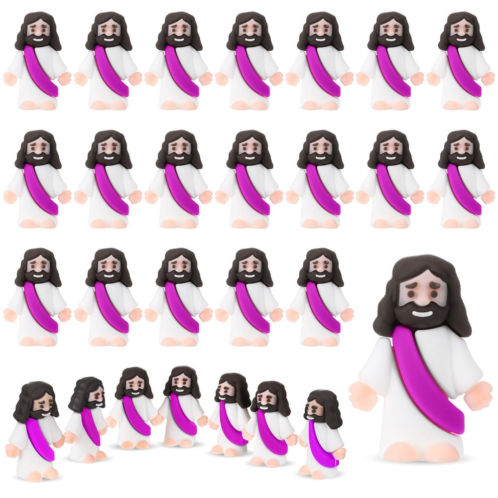 Bememo 25 Pcs Little Jesus Figures Original Design Mini Rubber Jesus Figurine to Hide and Seek Religious Party Favors Sunday Baptism Gifts(Purple)