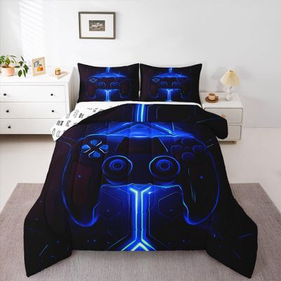 Feelyou Kids Gaming Bedding Set Full Size Gamer Comforter Set for Boys Girls Kids Teens Soft Microfiber Modern Buttons 3D Video Game Bedding Reversible Blue Controller Pattern Design Quilt Set