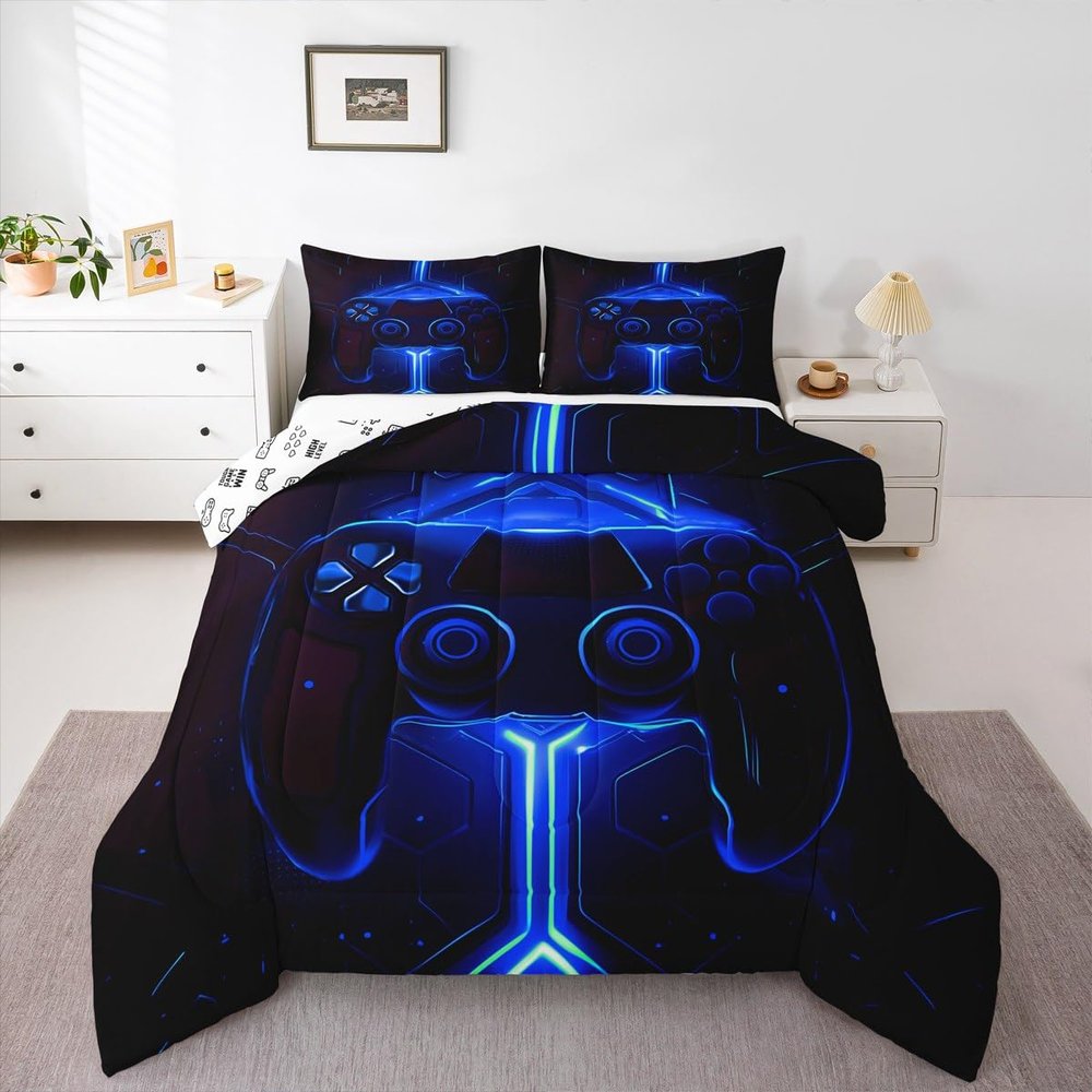 Feelyou Kids Gaming Bedding Set Full Size Gamer Comforter Set for Boys Girls Kids Teens Soft Microfiber Modern Buttons 3D Video Game Bedding Reversible Blue Controller Pattern Design Quilt Set