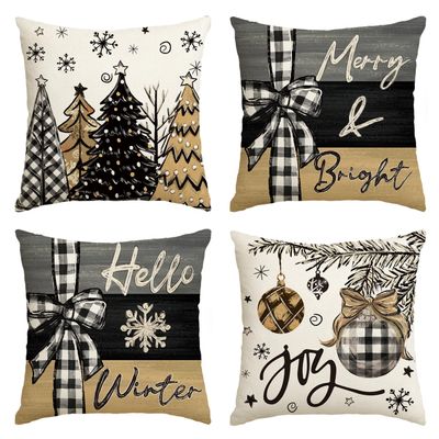 AVOIN colorlife Merry Christmas Joy Xmas Trees Brown Throw Pillow Covers, 18 x 18 Inch Christmas Winter Holiday Cushion Case Decoration for Sofa Couch Set of 4