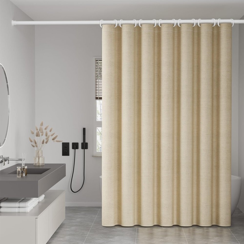 Heavyoff Shower Curtain, Modern Linen Fabric Shower Curtains for Elegant Neutral Bathroom Decor, Luxury Hotel Cloth Shower Curtain Beige, W 118" x L 79"