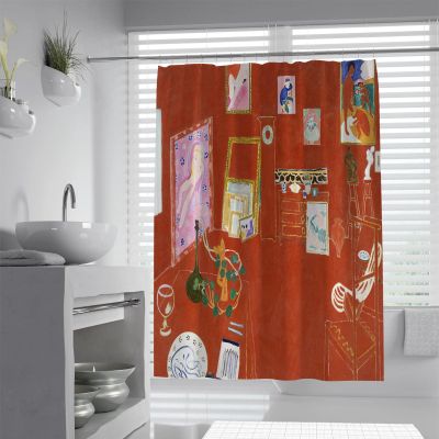 MUKULING Red Bathroom Shower Curtain Set Henri Matisse Studio Interior Landscape Machine Washable Waterproof Shower Curtain Liners Quick Dry W72xL96in