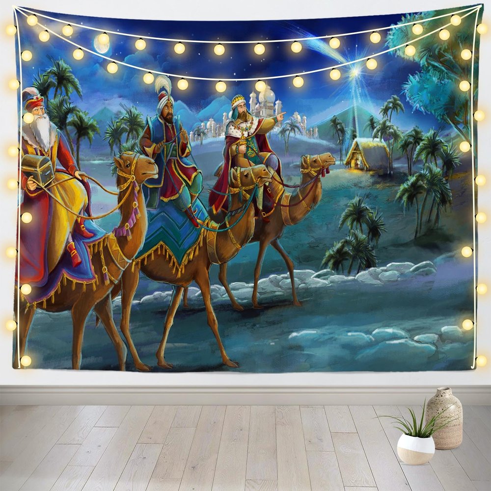 Loccor Jesus Nativity Tapestry Wall Hanging Holy Night Three Kings Desert Camel Birth of Jesus Manger Scene Tapestry Christmas Religious Church Event Banner Home Wall Decor for Bedroom 118''x78''