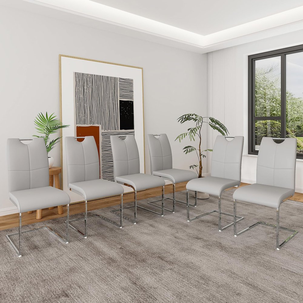 Widagirel Modern Faux Leather Dining Chairs Set of 6, Silver Leg & Grey