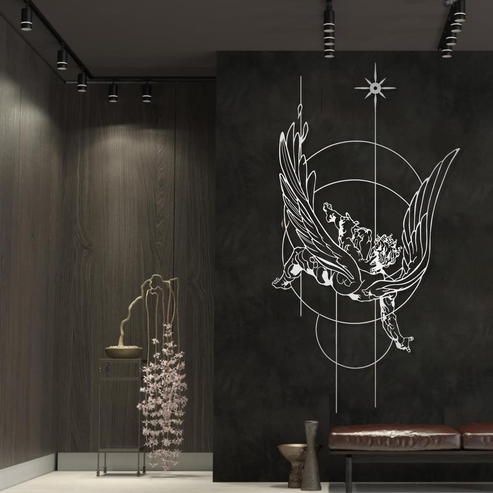LARNT Mythology Icarus Metal Wall Art, Fall of Icarus Wall Decor, Greek Mythology Wall Art, Geometrical Metal Wall Hanging, Modern Wall Sculpture, Living Room Wall Decor (Silver, 16"x30"|41x76cm)