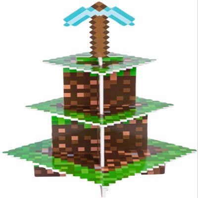 Camtoms Cupcake Stand 3-Tier for Birthday Party Decorations - Pixel Game Style Cupcake Holder for Boys - Cupcake Toppers Display - Gaming Themed Party Supplies