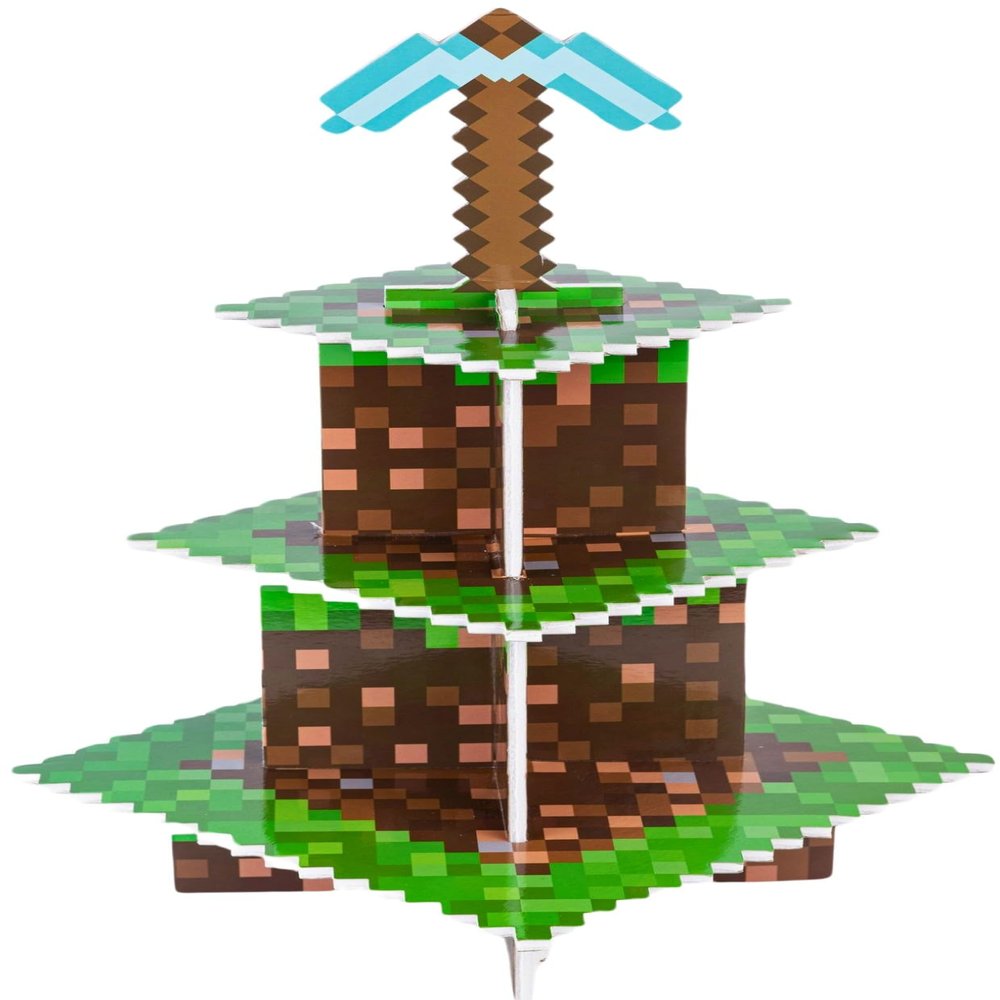 Camtoms Cupcake Stand 3-Tier for Birthday Party Decorations - Pixel Game Style Cupcake Holder for Boys - Cupcake Toppers Display - Gaming Themed Party Supplies