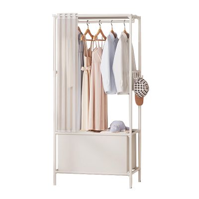 Assembled Simple Metal Closet Floor Standing Coat Rack with Curtains with Storage Baskets Household Simple Closet Rental House