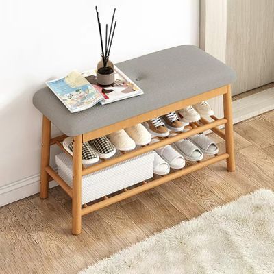 MNBVH Wood Shoe Storage Bench with Padded Seat, Farmhouse Entryway Shoe Rack Bench, 3-Tier Shoe Organizer Shelf for Hallway Bedroom Living Room Dorm Department(Size:90 x 27 x 45 cm)