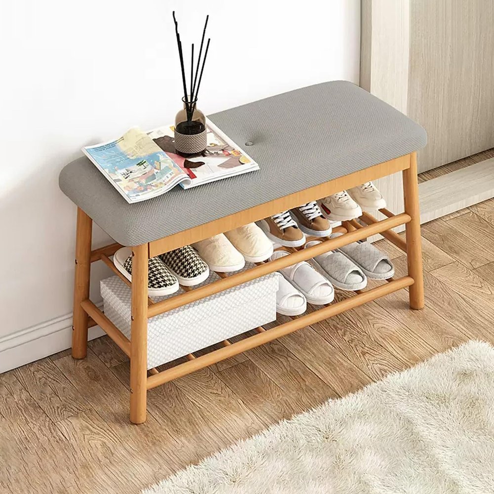 MNBVH Wood Shoe Storage Bench with Padded Seat, Farmhouse Entryway Shoe Rack Bench, 3-Tier Shoe Organizer Shelf for Hallway Bedroom Living Room Dorm Department(Size:90 x 27 x 45 cm)