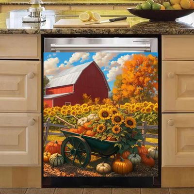 RTHDG Farm Magnetic Dishwasher Door Cover Farmhouse Sunflowers Magnetic Dishwasher Panel Decal, Farm Pumpkin Cart Kitchen Decor Magnet Refrigerator Vinyl Decal Cover, Magnetic 23" x 26"