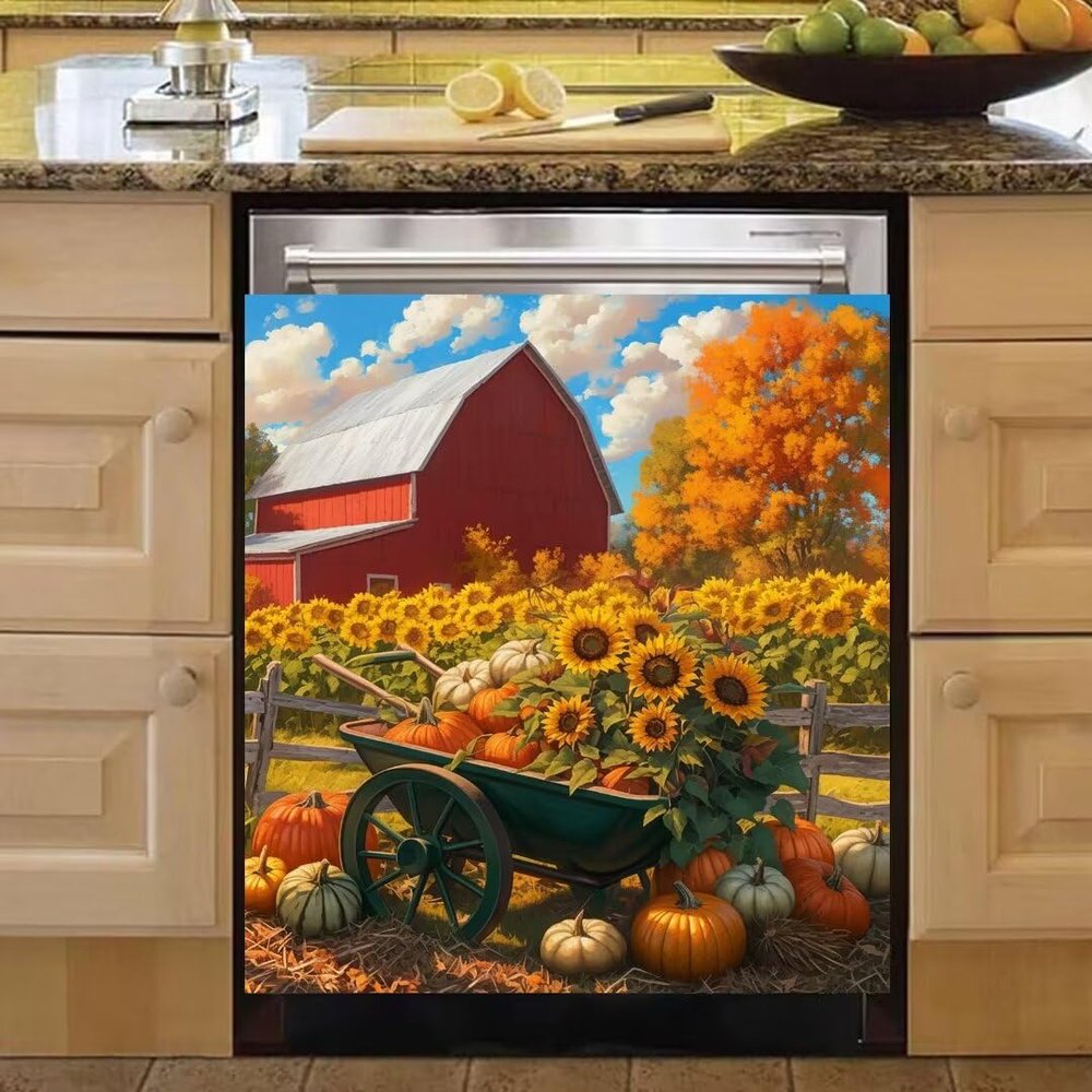RTHDG Farm Magnetic Dishwasher Door Cover Farmhouse Sunflowers Magnetic Dishwasher Panel Decal, Farm Pumpkin Cart Kitchen Decor Magnet Refrigerator Vinyl Decal Cover, Magnetic 23" x 26"