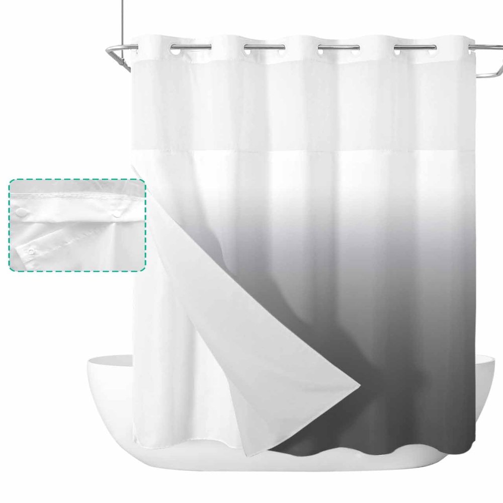 ALAGEO Shower Curtain with Snap-in Fabric Liner Set Gray and White Ombre No Hook Shower Curtain with Mesh Top Window Gradual Color Shower Curtains Waterproof 72x96