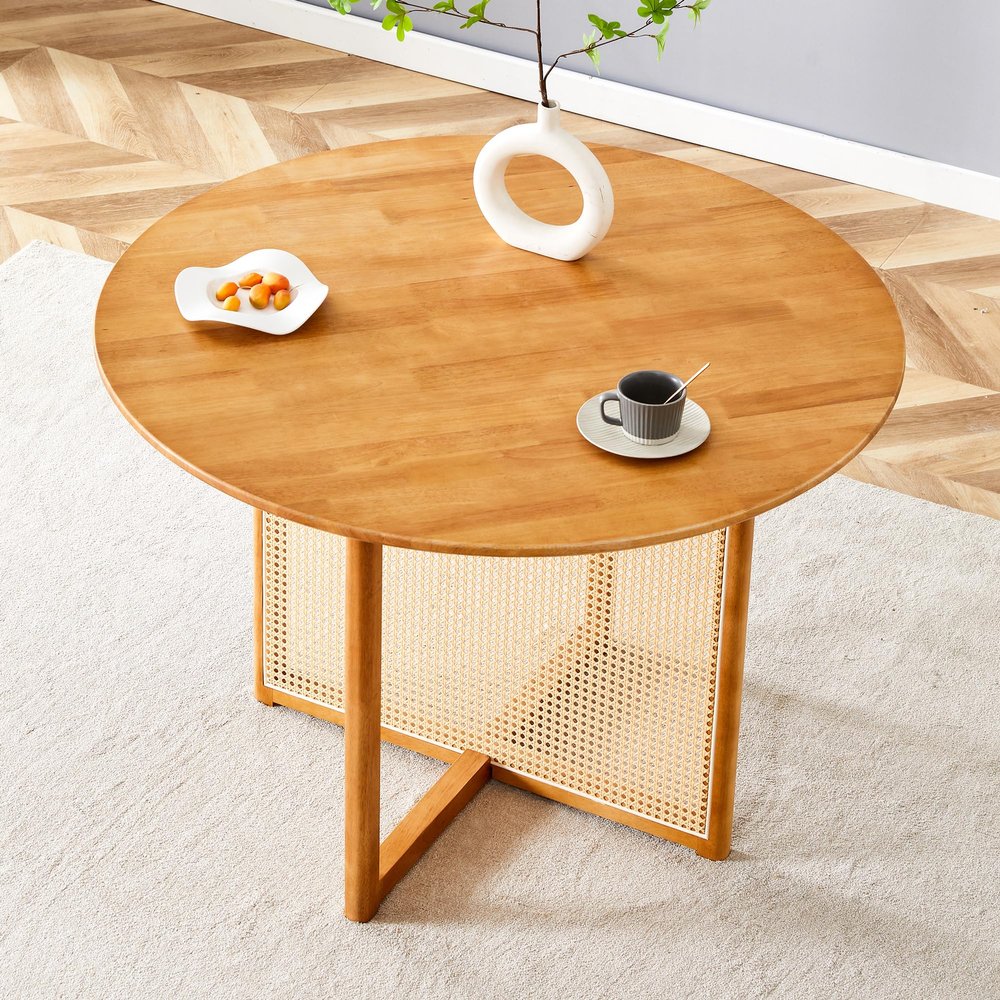 Chinese Countryside Solid Wood Round Table, Simple Modern Imitation Rattan Table, Wooden Table, Desk. Suitable for Dining Room, Living Room, Office
