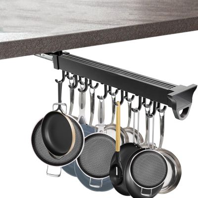 THEGA Pull Out Pots and Pans Organizer, Aluminum Alloy Closet Holder Hanger Rail with Adjustable Hooks, for Cabinet, Closet Tie Rack, Belt Scarf Hanger - for Storage and Organization(46cm/18.11inch)