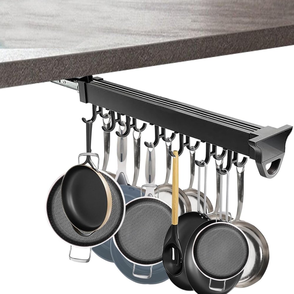 THEGA Pull Out Pots and Pans Organizer, Aluminum Alloy Closet Holder Hanger Rail with Adjustable Hooks, for Cabinet, Closet Tie Rack, Belt Scarf Hanger - for Storage and Organization(46cm/18.11inch)
