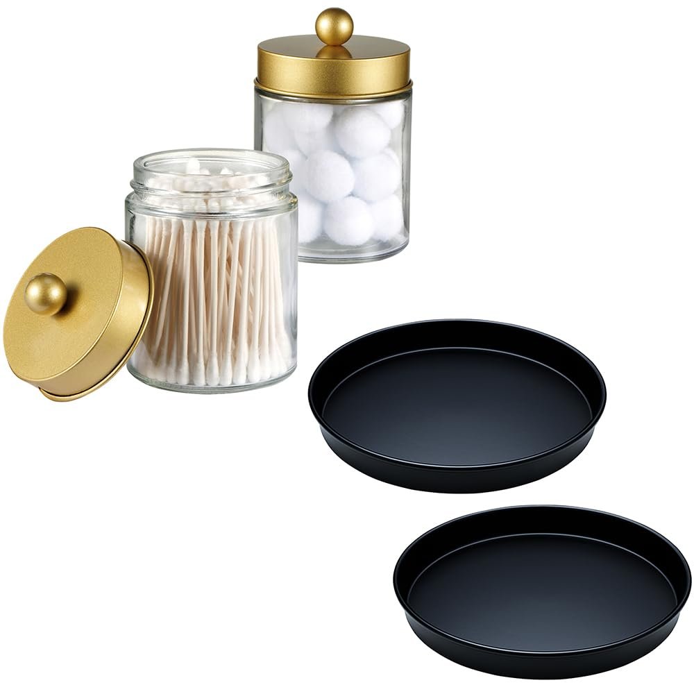 Amolliar Lazy Susan 10" 2Pack Metal Rotating Turntable Organizer for Cabinet, Spice Rack(Black) Bundle with 2 Pack Cute Qtip Dispenser Holder Apothecary Jars Bathroom Countertop Storage Organize
