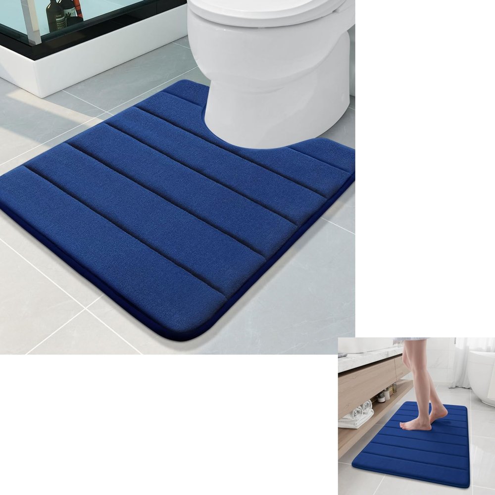 Buganda Meomry Foam Bathroom Mat and Toilet Rugs U-Shaped, Bath Rug Size 35.4 x 24 and Toilet Rugs Size 24 x 20 in Navy Blue, 2 Item Bundle