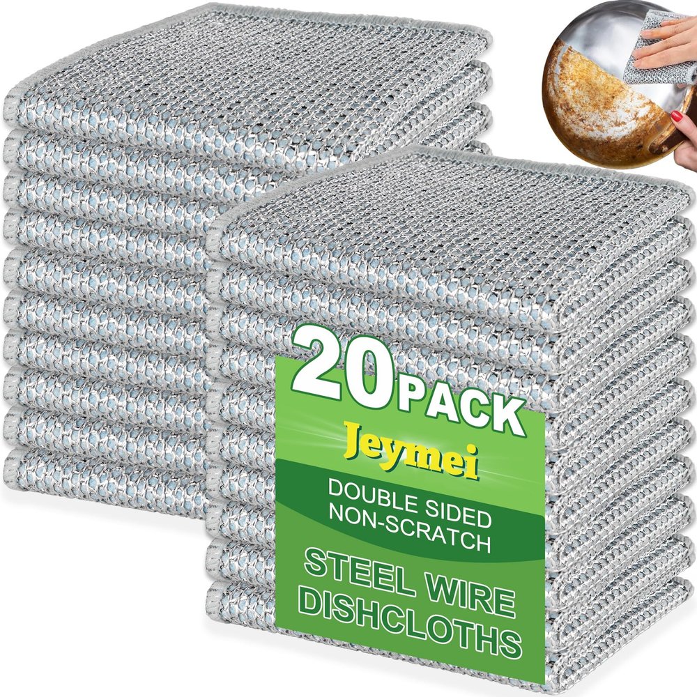 Jeymei 20pcs Non Scratch Wire Dishcloth Multipurpose Wire Dishwashing Rag for Wet and Dry,Metal Scrubbers for Cleaning Dishes,Dual-Sided Kitchen Cleaning Cloth with Mesh,Cleaning Tool for Pot, Blue