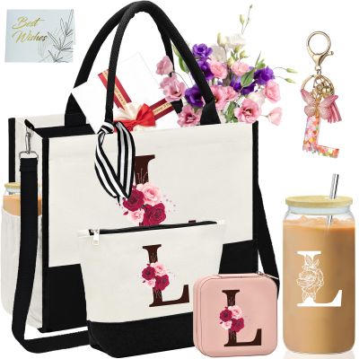 AiHeart Valentine's Day Gifts,Birthday Gift for Women,Initial Canvas Tote Bag,Personalized Gifts for Women,16oz Glass Cup With Straw,Jewelry Storage Box,Monogrammed Gift for Woman Mom Sister Bestie-L