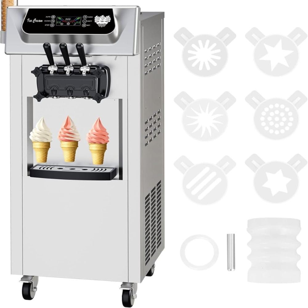 Entcook Commercial Ice Cream Maker, 3 Flavors, 20-28L/H Yield, LCD Panel, Auto Clean, 2200W Countertop Soft Serve Machine w/ 2x7L Hopper, Frozen Yogurt Maker for Restaurant Snack Bar US plug