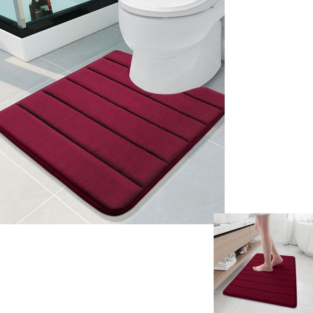 Buganda Meomry Foam Bathroom Mat and Toilet Rugs U-Shaped, Bath Rug Size 35.4 x 24 and Toilet Rugs Size 24 x 20 in Burgundy, 2 Item Bundle
