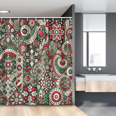 Ambesonne Christmas Stall Shower Curtain, Jumble Design of Leafy Atmosphere Xmas Floral and Winter Bells Party, Fabric Bathroom Decor Set with Hooks, 54" W x 78" L, Dark Pink Laurel Green