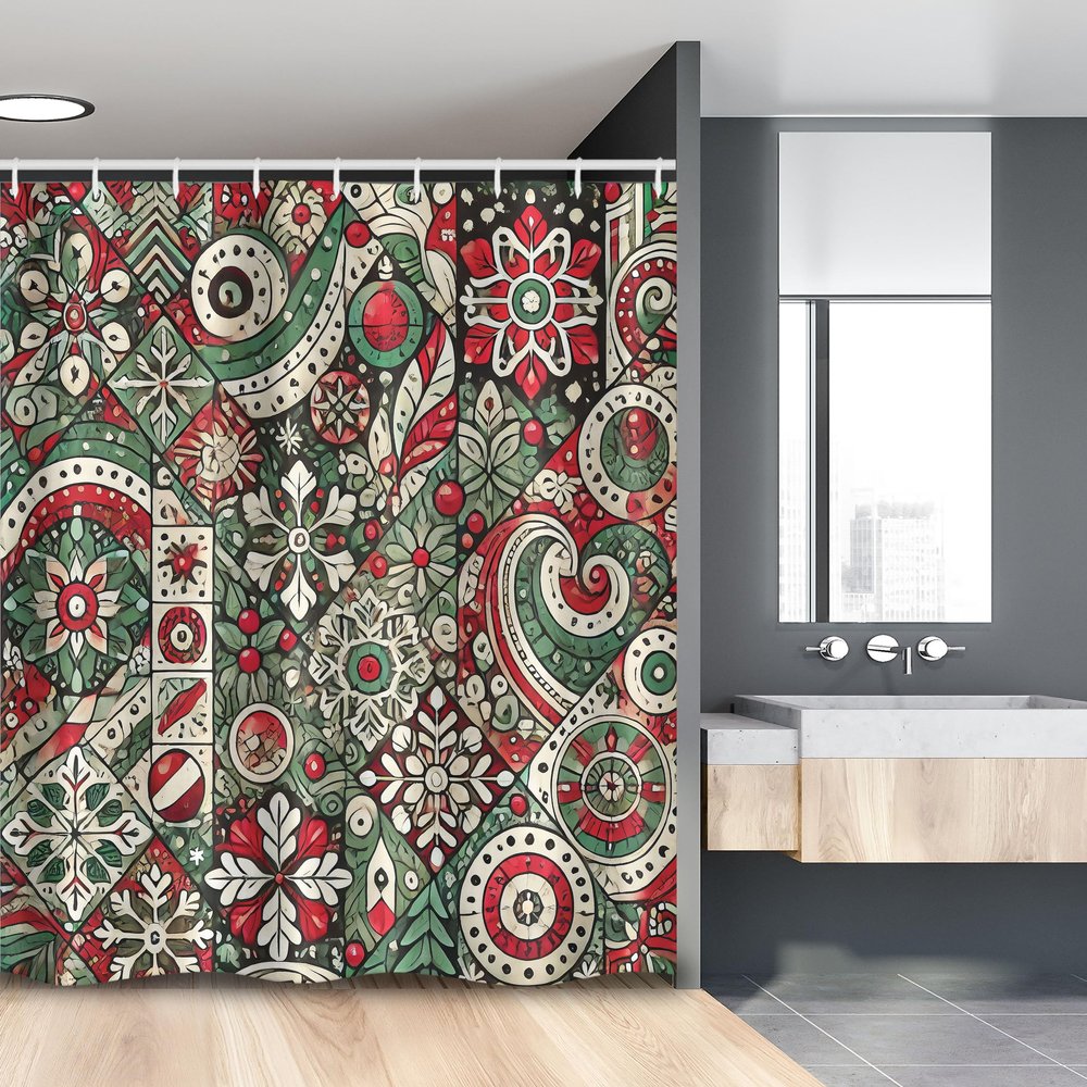 Ambesonne Christmas Stall Shower Curtain, Jumble Design of Leafy Atmosphere Xmas Floral and Winter Bells Party, Fabric Bathroom Decor Set with Hooks, 54" W x 78" L, Dark Pink Laurel Green