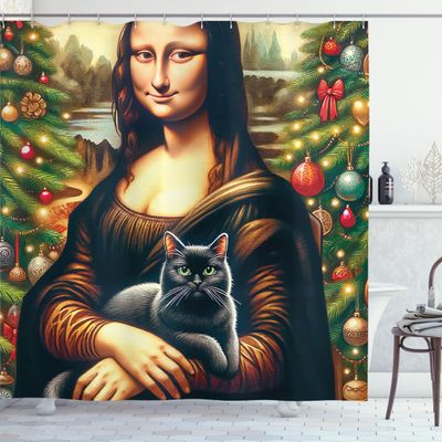 Ambesonne Christmas Shower Curtain, Smiling Mona Lady Interpretation with Black Cat and Xmas Tree Print, Cloth Fabric Bathroom Decor Set with Hooks, 69" W x 84" L, Apricot Amber and Green